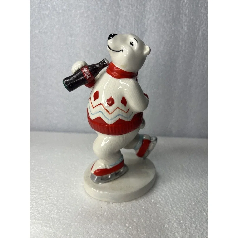 Coca‎ Cola 1995 Enesco Ceramic Polar Bear Ice Fishing & Skating Vtg Ornaments